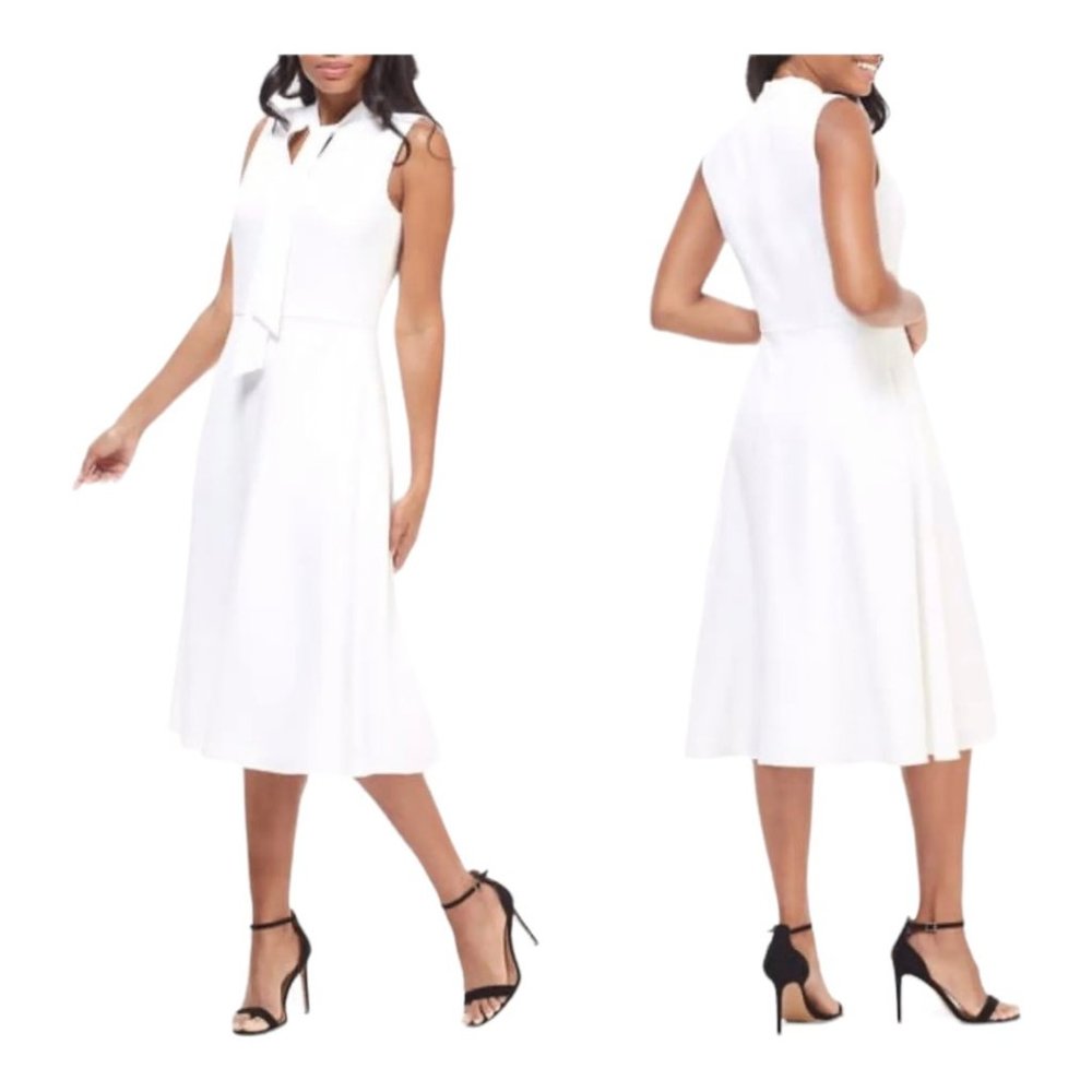Maggy London Ruthie Tie Neck Crepe A-Line Midi Dress White Size US 2 NWOT